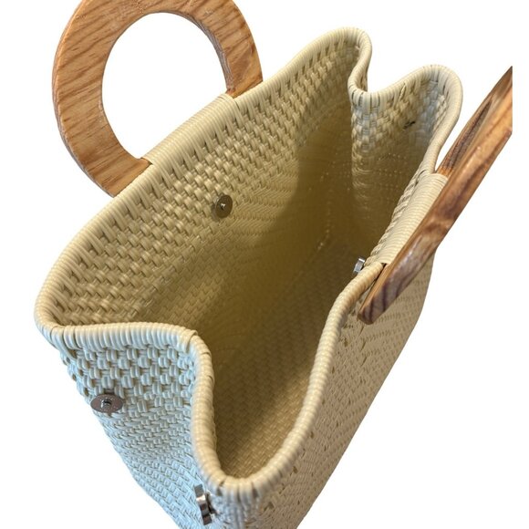 Women’s Woven Tote Wicker/Rattan Style Ivory Wooden Handle Med-large Chic Modern - Picture 5 of 8
